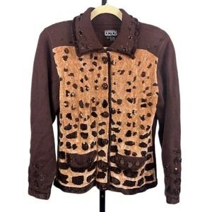 Berek Brown Leopard Sequin Embellished Cardigan Sweater Size Medium Y2K Vintage